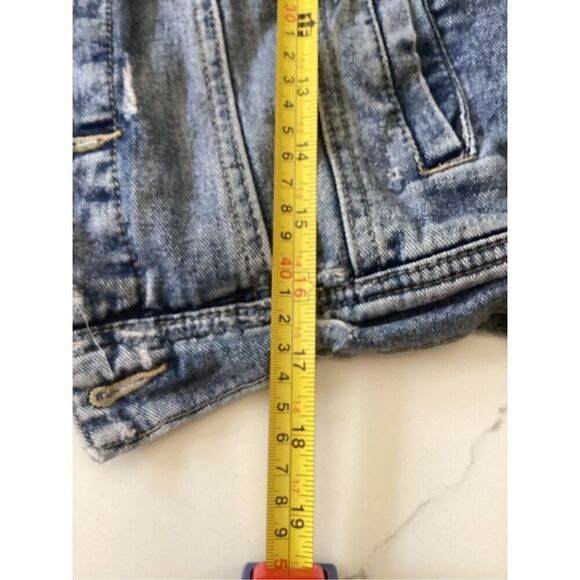 Free People Distressed Denim Jean Jacket Sz XS   Knit Sleeves Removable Hoodie - Picture 11 of 12